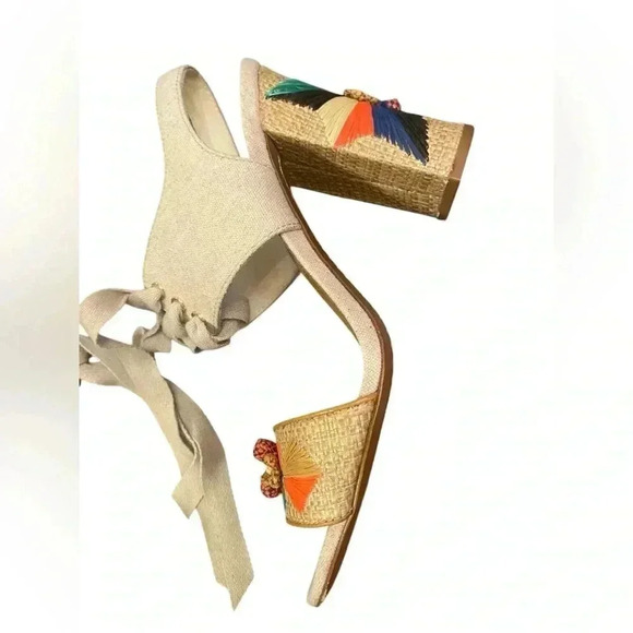 TORY BURCH Geraldine Raffia & Linen Lace-Up Sandals Size 9.5 - Picture 5 of 13